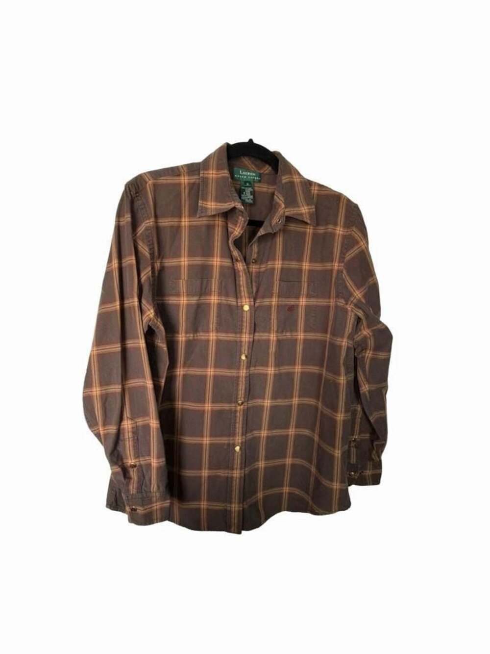 Lauren Ralph Lauren Brown Plaid Gold Snap Long Sleeve Shirt Women's Medium_133